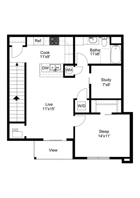 Floor plan for 1 bed, 1 bath, 943 sqft
